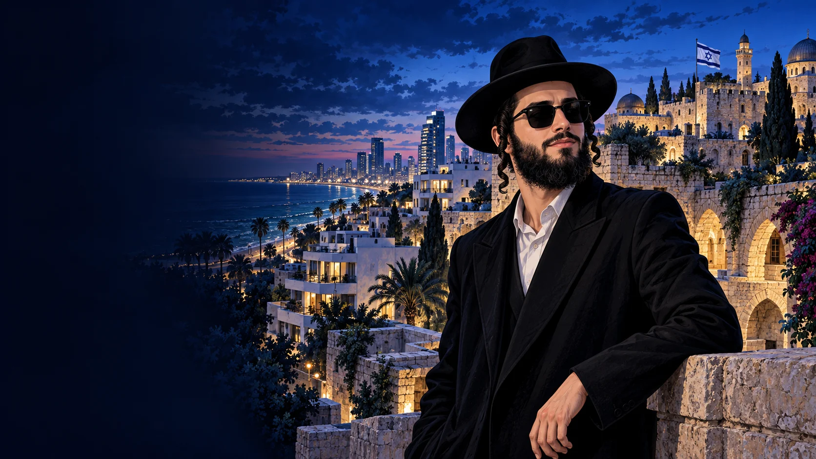 Hasidic character overlooking an illustrated Mediterranean city of Jerusalem stone, Tel Aviv rooftops and palms.
